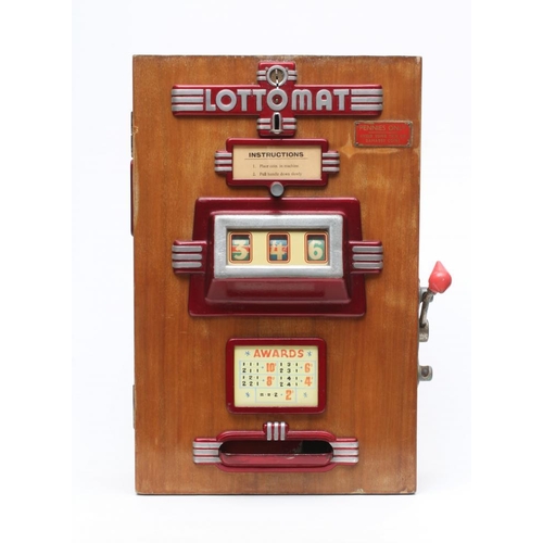 1022 - Lottomat penny slot machine, three barrel with awards, wooden case, cast fitting, G (no back to case... 