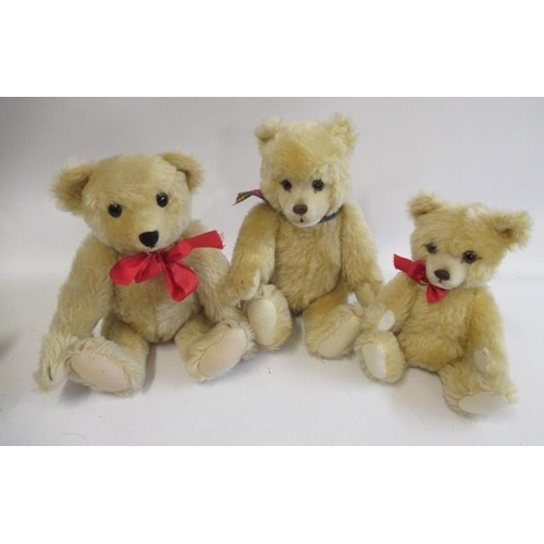 161 - Three Steiff bears, all with light plush, two with felt pads and one with cloth, all with brass ear ... 