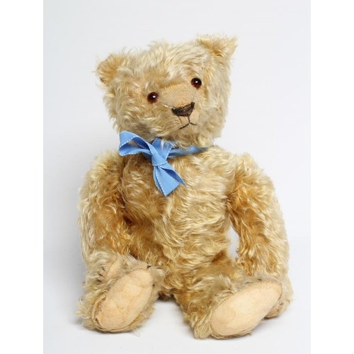 162 - A pre-war teddy bear, with amber glass eyes, sewn nose, long orange plush and felt pads, 19 1/2