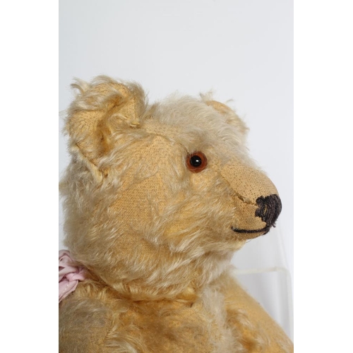 198 - An early Steiff teddy bear, with amber glass eyes, sewn nose, felt pads, orange plush and button to ... 