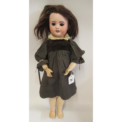 27 - An SFBJ bisque socket head doll, with brown glass sleeping eyes, open mouth, teeth, brown wig, wood ... 