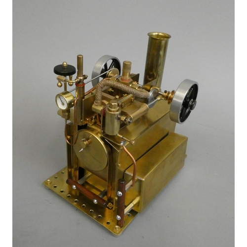 332 - Twin cylinder over-type steam engine, spirit fired boiler with water level plug, pressure gauge, bra... 