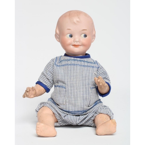 34 - An Armand Marseille bisque socket head character doll, with moulded sideways glancing eyes, painted ... 