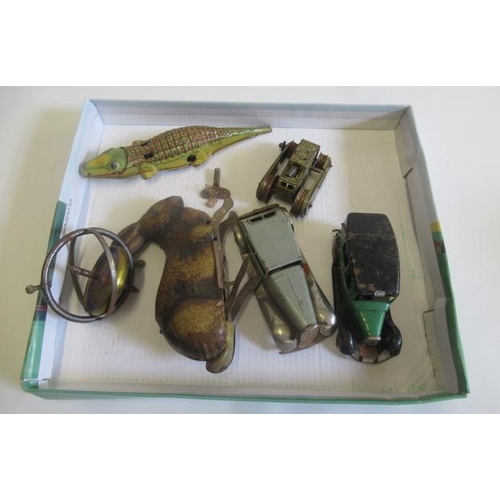 482 - Playworn tin clockwork toys comprising Minic taxi, Minic saloon car, GAMA tank, Lehmann crocodile an... 