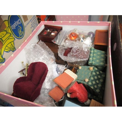 52 - Two boxes of good quality dolls house furniture, all modern production and including metal, wood and... 