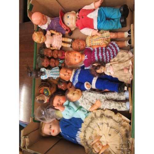 64 - Two trays of mixed vintage dolls and figures, including celluloid, plastic, composition and vinyl ex... 