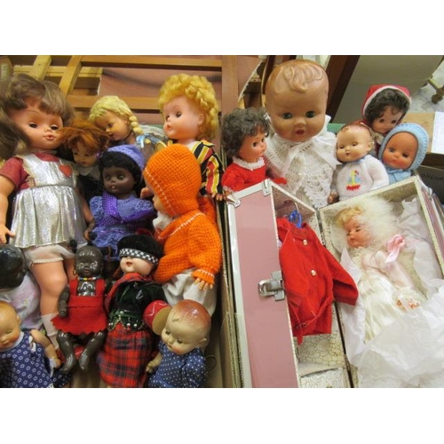 66 - Two trays of mixed vintage dolls, including two Roddy dolls and other mainly plastic and vinyl examp... 