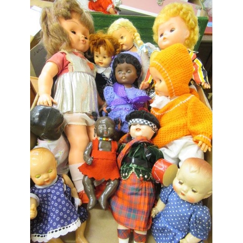 66 - Two trays of mixed vintage dolls, including two Roddy dolls and other mainly plastic and vinyl examp... 