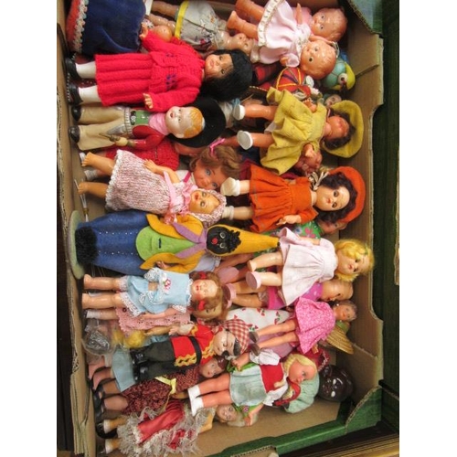 68 - Two trays of mixed vintage dolls, including plastic, celluloid and vinyl examples, as well as Kewpie... 