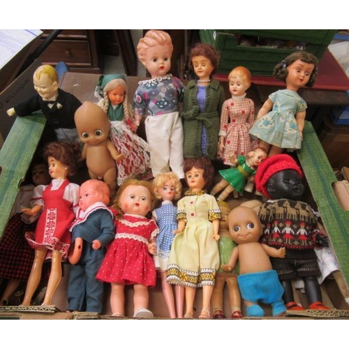 68 - Two trays of mixed vintage dolls, including plastic, celluloid and vinyl examples, as well as Kewpie... 