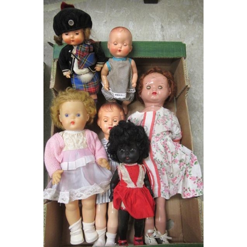 72 - Two boxes of mixed vintage dolls, including a Lenci type sideways glancing doll, 3 Roddy dolls, a co... 