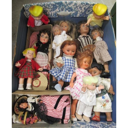 72 - Two boxes of mixed vintage dolls, including a Lenci type sideways glancing doll, 3 Roddy dolls, a co... 