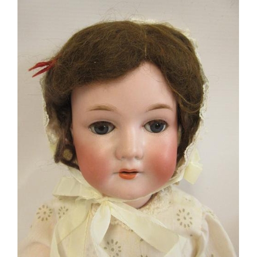 8 - A C. M. Bergmann bisque socket head doll, blue glass sleeping eyes, open mouth, teeth, brown wig, wo... 