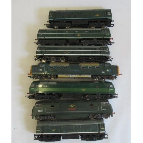 932 - Seven playworn locomotives by Hornby and others including two Bush diesels and warship class, come d... 