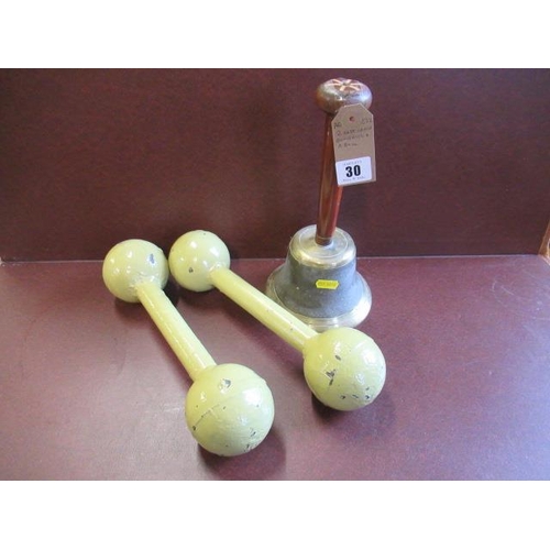 30 - TWO CAST IRON DUMB BELLS AND A BELL