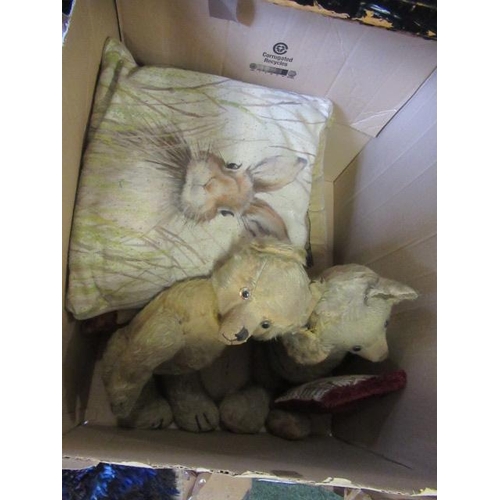 64 - TWO ANTIQUE TEDDY BEARS WITH VINTAGE CUSHIONS