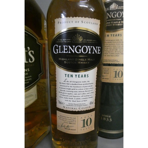 131 - 3 bottles of Scotch whisky, comprising 1 Glengoyne 10 year old single malt in tube, 1 350ml Highland... 