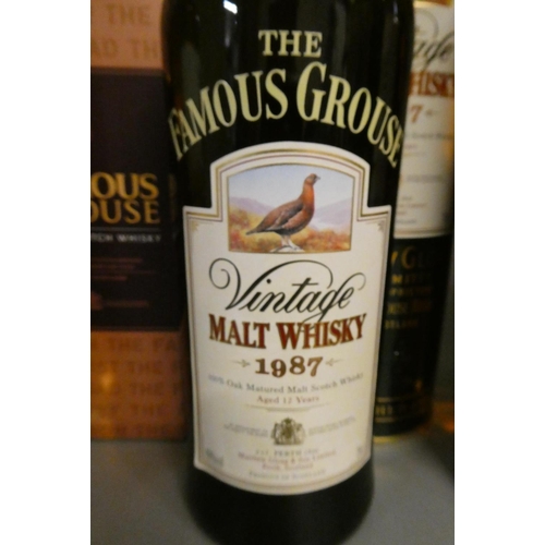 157 - 5 bottles of Famous Grouse whisky, comprising 1 Vintage 1987 malt whisky in metal tube, 1 in a Wade ... 