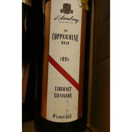 190 - 6 bottles 1998 vintage d'Arenberg Mclaren Vale, comprising 3 The Coppermine Road cabernet sauvignon ... 