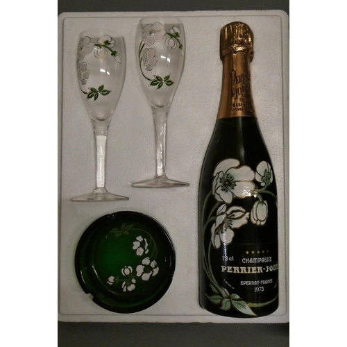 250 - 1 bottle Perrier-Jouet, 1973, Champagne, in gift set box with painted glasses & ash tray (Est. plus ... 