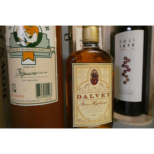 27 - 7 bottles of mixed alcohol, comprising 1 boxed Dow's Christmas port, 1 35cl Dalvey 10 year old singl... 