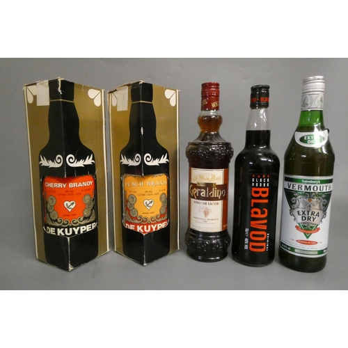 29 - 5 mixed liqueurs, comprising 1 litre boxed De Kuyper cherry brandy, 1 litre boxed De Kuyper peach br... 