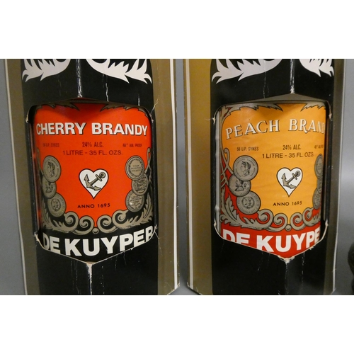 29 - 5 mixed liqueurs, comprising 1 litre boxed De Kuyper cherry brandy, 1 litre boxed De Kuyper peach br... 