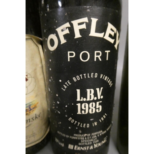 34 - 1 bottle Offley LBV 1985 port, 1 bottle 1991 Inkerman Cabernet Krymske, 1 antique cognac bottle, pos... 