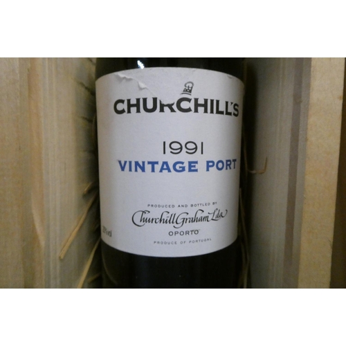 99 - 2 bottles of port, comprising 1 Churchill's 1991 vintage port and 1 Ferreira 10 year old tawny port ... 