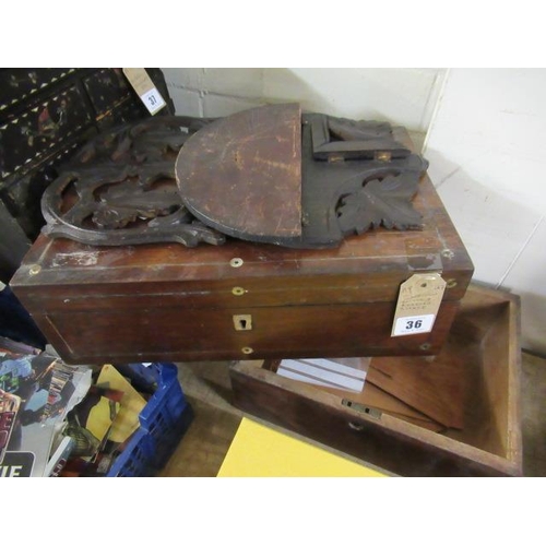 36 - TWO WOODEN BOXES AND A CARVED SHELF