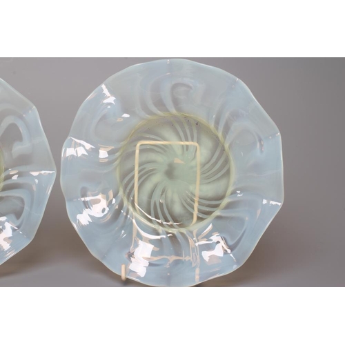 101 - A PAIR OF VICTORIAN PALE YELLOW VASELINE GLASS DISHES of lobed circular form, 8 1/2