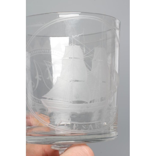 109 - A GLASS RUMMER, late 18th century, the slightly flared plain cylindrical bowl etched with 