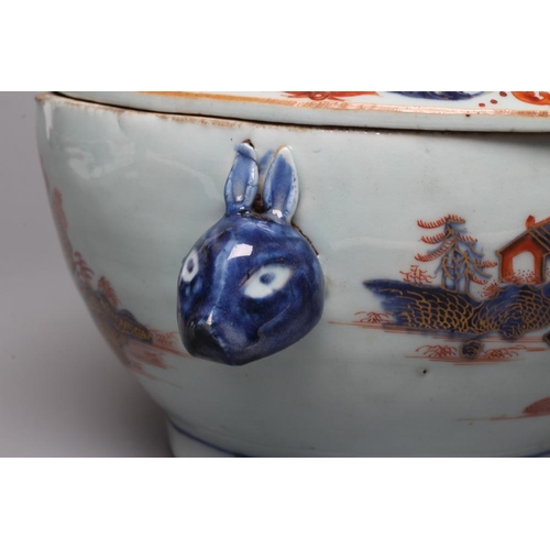 11 - A CHINESE IMARI PORCELAIN TUREEN AND COVER of oval form with pomegranate knop and two rabbit head lu... 