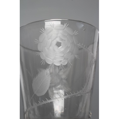 110 - A JACOBITE WINE GLASS, mid 18th century, the plain bucket bowl engraved with a rose and bud opposite... 