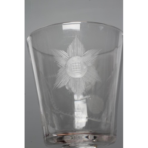 110 - A JACOBITE WINE GLASS, mid 18th century, the plain bucket bowl engraved with a rose and bud opposite... 