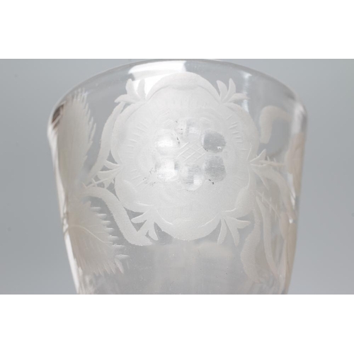 112 - A JACOBITE CORDIAL GLASS, mid 18th century, the round funnel bowl engraved with a rose and two buds ... 