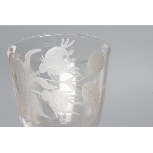 112 - A JACOBITE CORDIAL GLASS, mid 18th century, the round funnel bowl engraved with a rose and two buds ... 