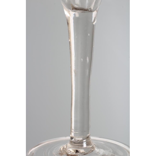 112 - A JACOBITE CORDIAL GLASS, mid 18th century, the round funnel bowl engraved with a rose and two buds ... 