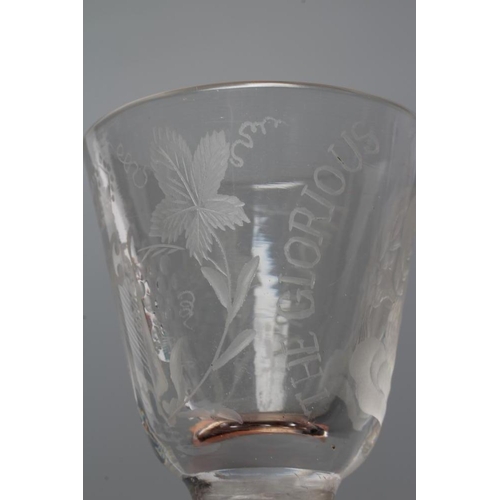 113 - A COMMEMORATIVE FIRING GLASS, mid 18th century, the round funnel bowl engraved 