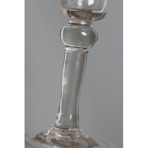 114 - A WINE GLASS, mid 18th century, the bell bowl on a collar and shoulder knop issuing from a plain cyl... 