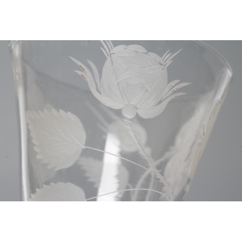 124 - A JACOBITE WINE GLASS, mid 18th century, the round funnel bowl engraved with a rose with one semi-op... 