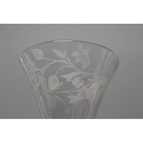 126 - A JACOBITE WINE GLASS, mid 18th century, the trumpet bowl engraved with a rim of rosebuds, daffodils... 