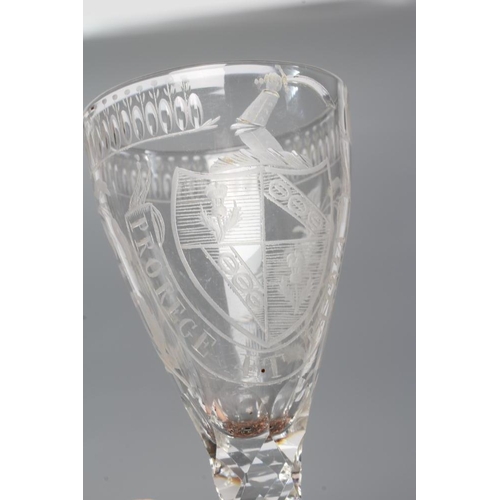 130 - A SMALL WINE GLASS, late 18th century, the round funnel bowl engraved with a coat of arms, armorial ... 