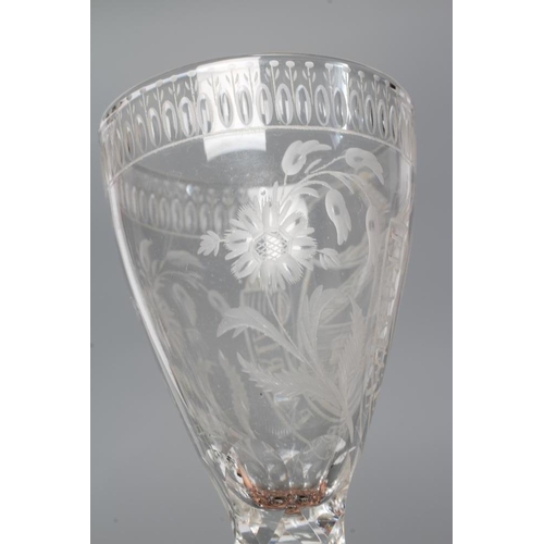 130 - A SMALL WINE GLASS, late 18th century, the round funnel bowl engraved with a coat of arms, armorial ... 