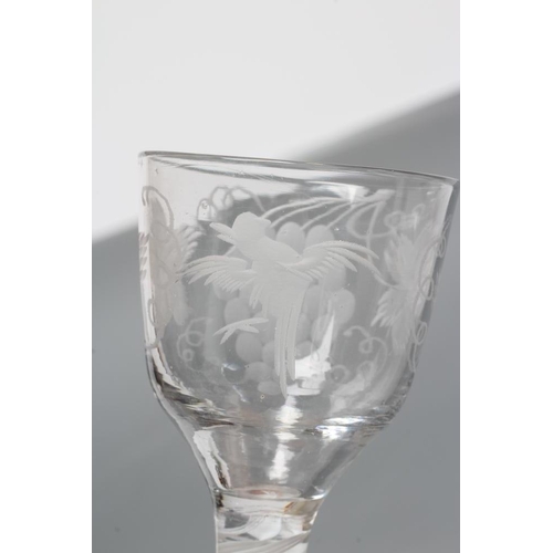 138 - A WINE GLASS, mid 18th century, the ogee bowl engraved with fruiting vine and a bird in flight on an... 