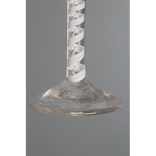 142 - A CORDIAL GLASS, mid 18th century, the round funnel bowl on a mixed twist stem with a pair of air tw... 