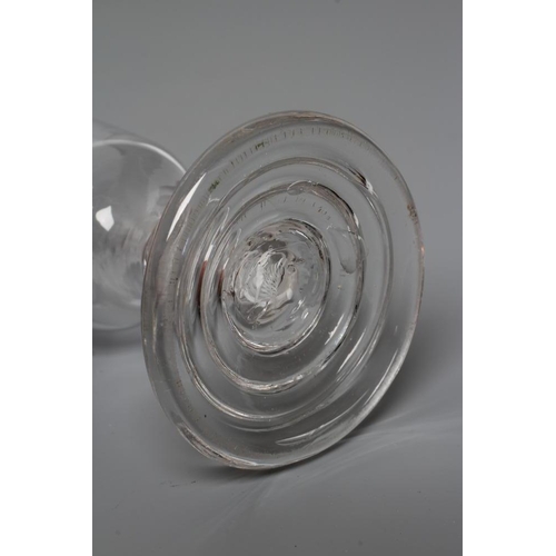 147 - A FIRING GLASS, mid 18th century, the ogee bowl on a short double series opaque twist stem and ribbe... 