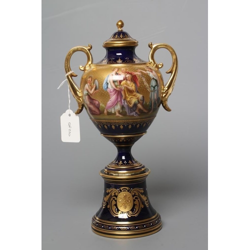 20 - A VIENNA PORCELAIN TWO HANDLED VASE AND COVER, late 19th century, the rounded conical body with scro... 