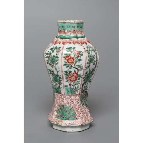 3 - A CHINESE PORCELAIN FAMILLE VERTE VASE of octagonal inverted baluster form, painted with panels of f... 