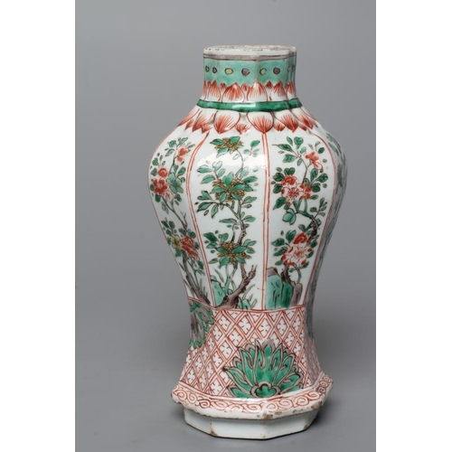 3 - A CHINESE PORCELAIN FAMILLE VERTE VASE of octagonal inverted baluster form, painted with panels of f... 